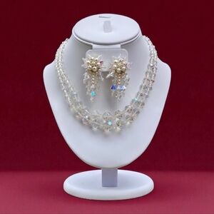 Vintage Crystal Necklace and Crystal Fuax Pearl Earrings Jewelry Set